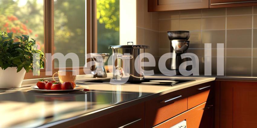 A modern kitchen with sleek appliances and a warm color palette beckons with the promise of a delicious home-cooked meal, as sunlight streams through the window, illuminating the countertop and the vibrant red tomatoes