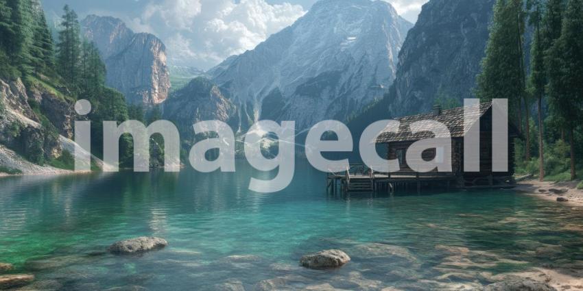 Serenity Amidst the Peaks: A tranquil mountain lake reflects the majestic snow-capped peaks, while a rustic cabin and a small boat add a touch of human presence to this idyllic scene