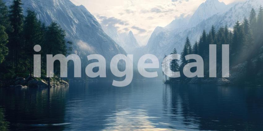 Serenity Amidst the Peaks: A tranquil mountain lake reflects the majestic snow-capped peaks, while a rustic cabin and a small boat add a touch of human presence to this idyllic scene