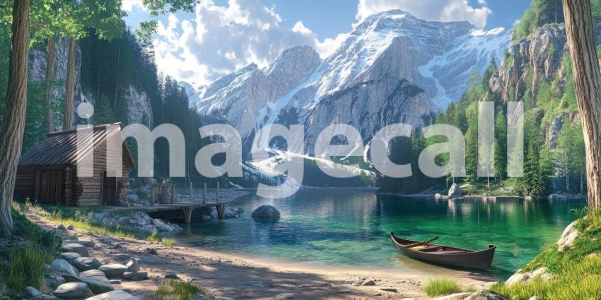 Serenity Amidst the Peaks: A tranquil mountain lake reflects the majestic snow-capped peaks, while a rustic cabin and a small boat add a touch of human presence to this idyllic scene
