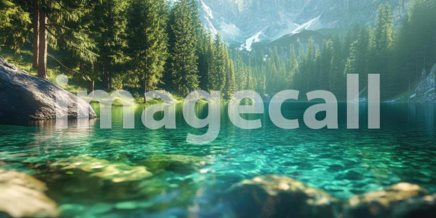 Serenity Amidst the Peaks: A tranquil mountain lake reflects the majestic snow-capped peaks, while a rustic cabin and a small boat add a touch of human presence to this idyllic scene