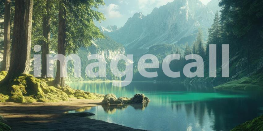 Serenity Amidst the Peaks: A tranquil mountain lake reflects the majestic snow-capped peaks, while a rustic cabin and a small boat add a touch of human presence to this idyllic scene