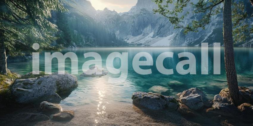 Serenity Amidst the Peaks: A tranquil mountain lake reflects the majestic snow-capped peaks, while a rustic cabin and a small boat add a touch of human presence to this idyllic scene