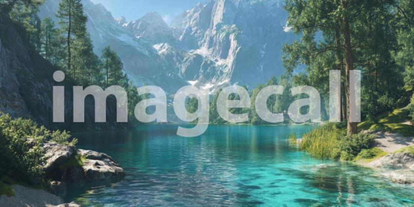 Serenity Amidst the Peaks: A tranquil mountain lake reflects the majestic snow-capped peaks, while a rustic cabin and a small boat add a touch of human presence to this idyllic scene