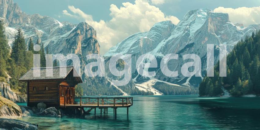 Serenity Amidst the Peaks: A tranquil mountain lake reflects the majestic snow-capped peaks, while a rustic cabin and a small boat add a touch of human presence to this idyllic scene