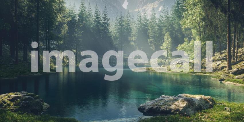 Serenity Amidst the Peaks: A tranquil mountain lake reflects the majestic snow-capped peaks, while a rustic cabin and a small boat add a touch of human presence to this idyllic scene