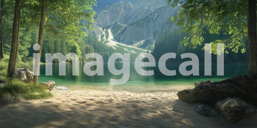 Serenity Amidst the Peaks: A tranquil mountain lake reflects the majestic snow-capped peaks, while a rustic cabin and a small boat add a touch of human presence to this idyllic scene