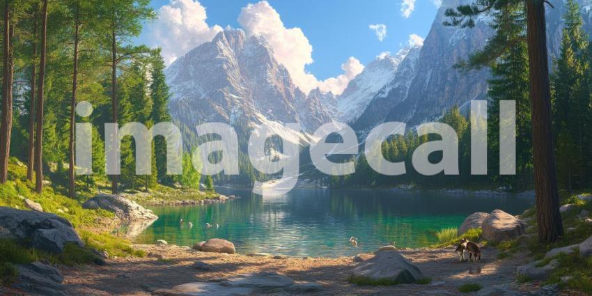 Serenity Amidst the Peaks: A tranquil mountain lake reflects the majestic snow-capped peaks, while a rustic cabin and a small boat add a touch of human presence to this idyllic scene