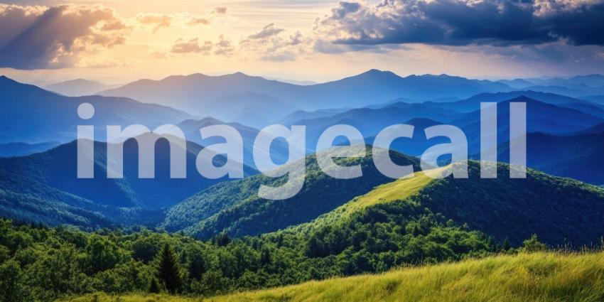 A Tapestry of Peaks: A panoramic view of rolling hills bathed in the warm glow of the setting sun, creating a breathtaking landscape