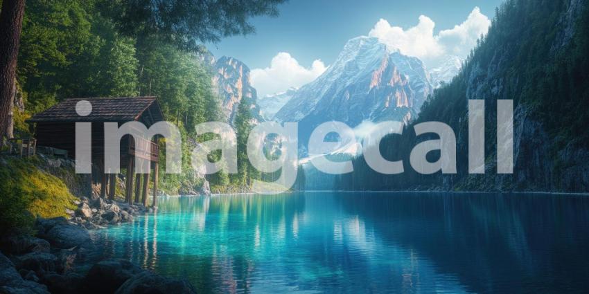 Serenity Amidst the Peaks: A tranquil mountain lake reflects the majestic snow-capped peaks, while a rustic cabin and a small boat add a touch of human presence to this idyllic scene