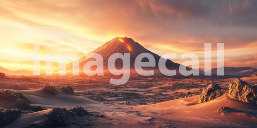 Volcano's Fury: A majestic volcano erupts against a fiery sunset, casting a dramatic glow over the surrounding desert landscape