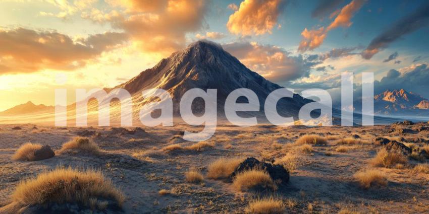 Volcano's Fury: A majestic volcano erupts against a fiery sunset, casting a dramatic glow over the surrounding desert landscape