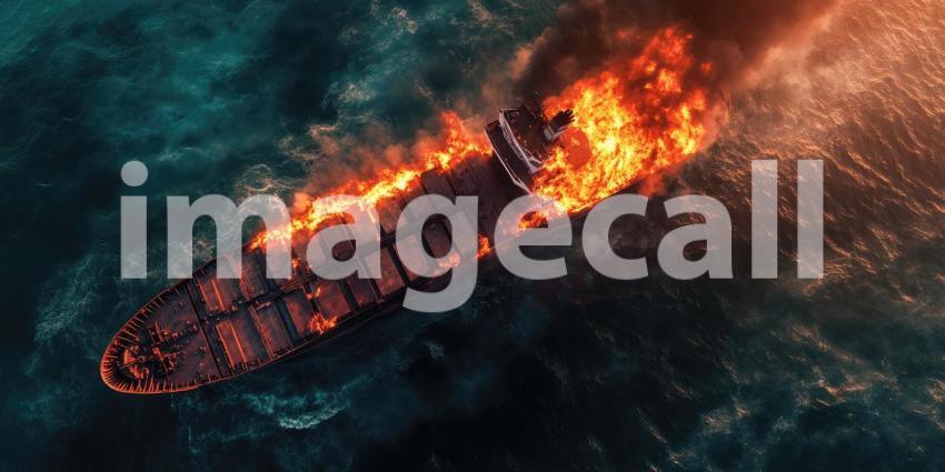 Infernal Sea: A burning cargo ship battles a raging storm, flames engulfing the vessel against a backdrop of churning waves.
