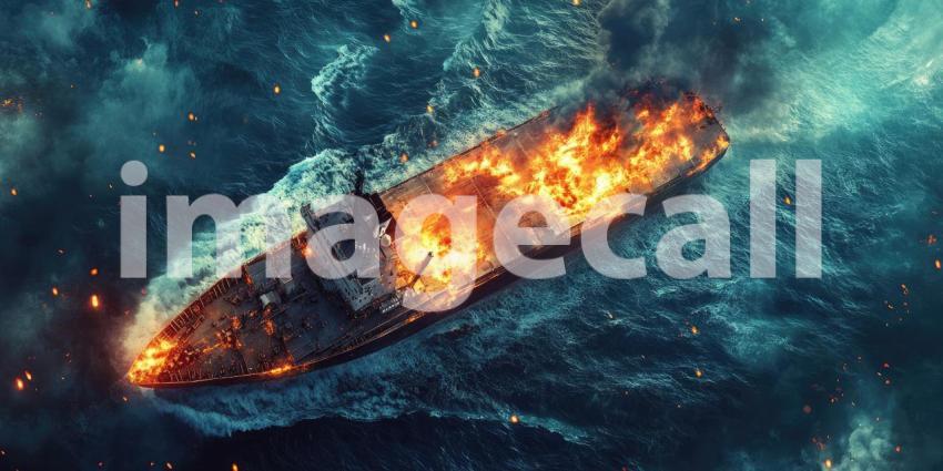 Infernal Sea: A burning cargo ship battles a raging storm, flames engulfing the vessel against a backdrop of churning waves.