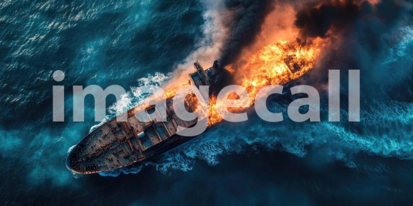 Infernal Sea: A burning cargo ship battles a raging storm, flames engulfing the vessel against a backdrop of churning waves.