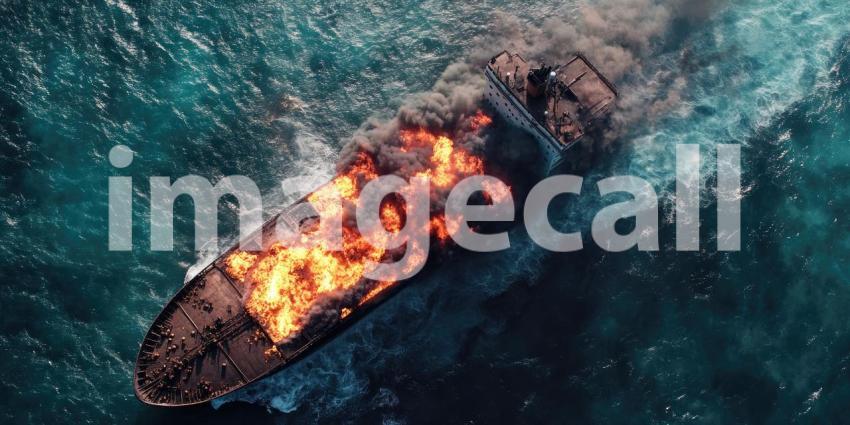 Infernal Sea: A burning cargo ship battles a raging storm, flames engulfing the vessel against a backdrop of churning waves.