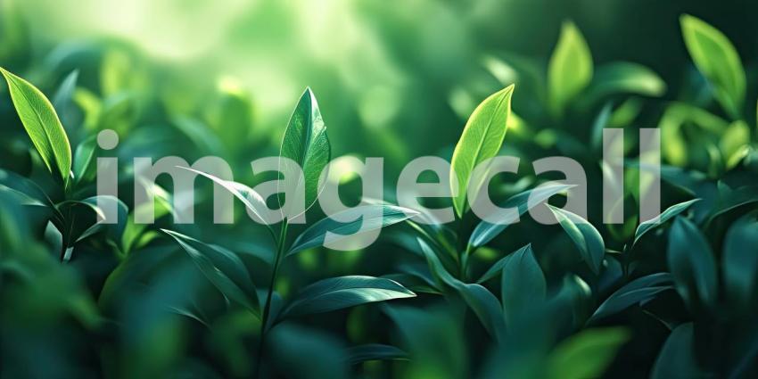 Golden Hour Glow: Sunlight filters through lush green leaves, casting a warm, golden light on the scene