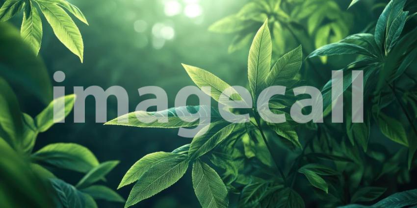 Golden Hour Glow: Sunlight filters through lush green leaves, casting a warm, golden light on the scene