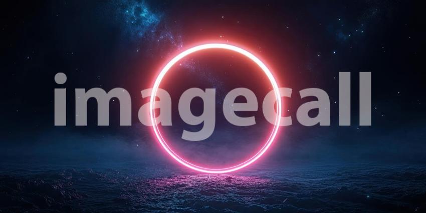 Portal to the Unknown: A glowing pink ring hovers over a desolate alien landscape, beckoning the explorer within