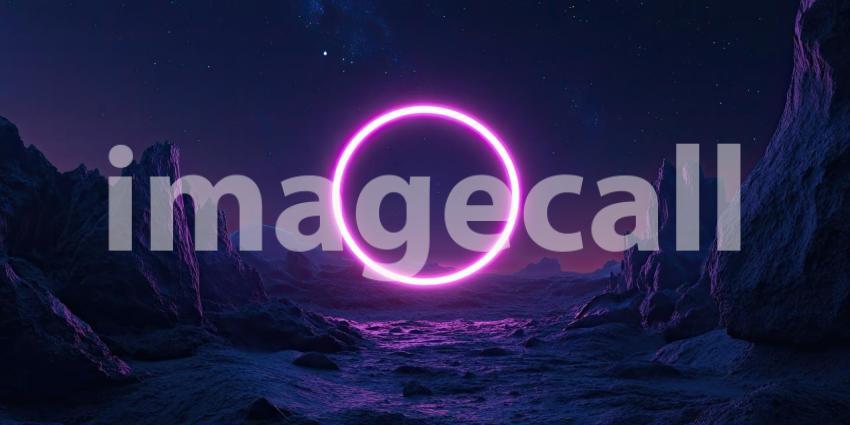 Portal to the Unknown: A glowing pink ring hovers over a desolate alien landscape, beckoning the explorer within