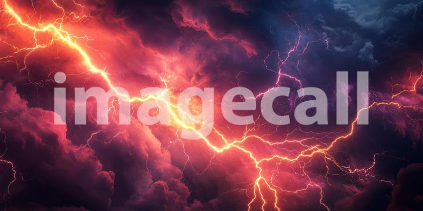 A Sky Torn Asunder: Lightning Bolts Tear Through a Fiery Sky, Illuminating the Dark Clouds with an Electrifying Glow