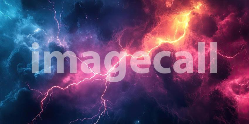 A Sky Torn Asunder: Lightning Bolts Tear Through a Fiery Sky, Illuminating the Dark Clouds with an Electrifying Glow