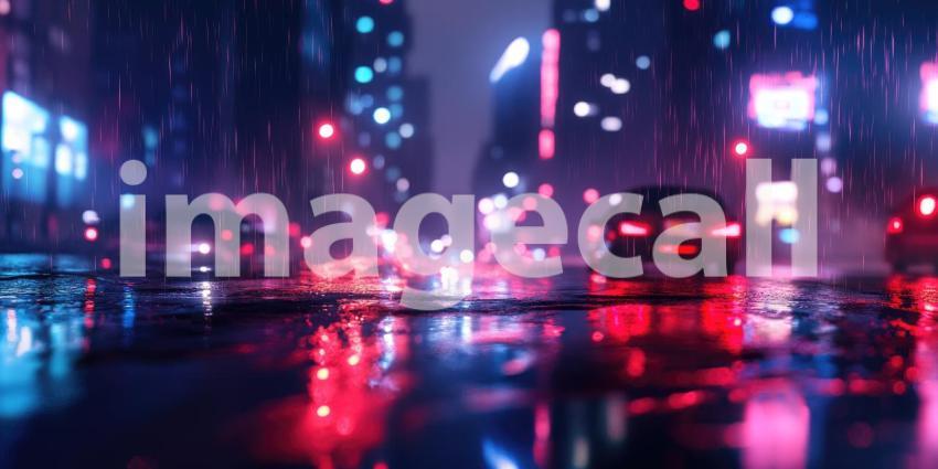 Neon Reflections: A Rainy Night in the City, where neon lights cast a vibrant glow on the slick pavement, and the rhythm of the falling rain echoes through the bustling streets