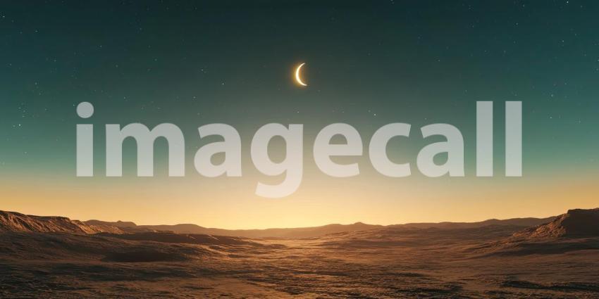 A Distant Horizon: A breathtaking alien landscape bathed in the golden light of a distant sun, with a starry sky stretching endlessly above