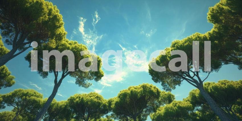 Canopy of Life: A breathtaking view of a forest canopy, where towering trees reach towards a vibrant blue sky