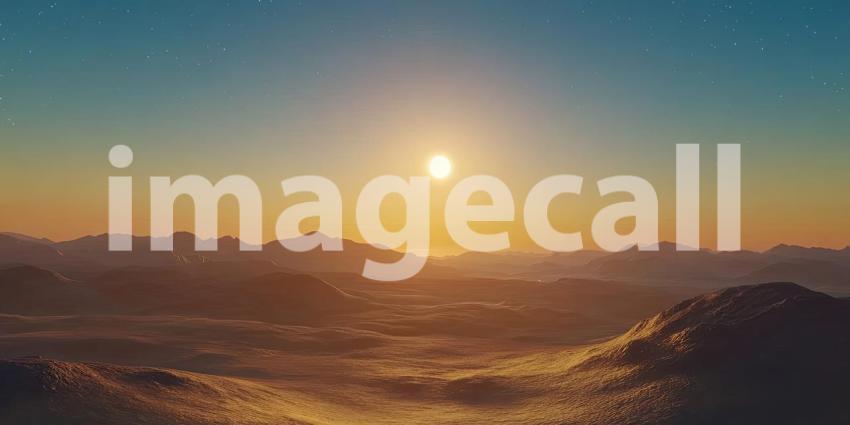 A Distant Horizon: A breathtaking alien landscape bathed in the golden light of a distant sun, with a starry sky stretching endlessly above