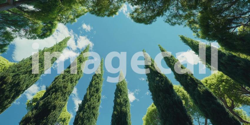 Canopy of Life: A breathtaking view of a forest canopy, where towering trees reach towards a vibrant blue sky