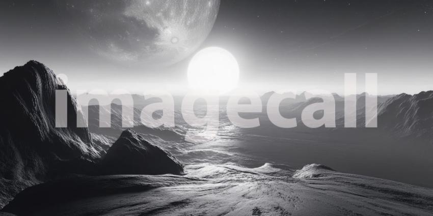 A Distant Horizon: A breathtaking alien landscape bathed in the golden light of a distant sun, with a starry sky stretching endlessly above