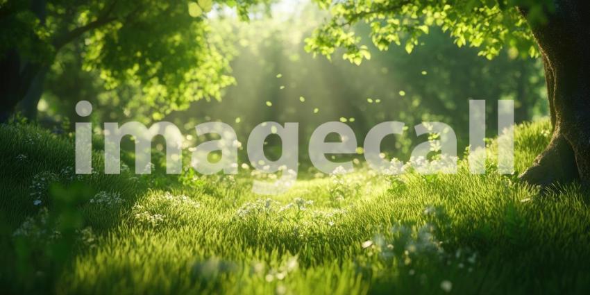 A Verdant Oasis: A sun-dappled meadow stretches towards a horizon framed by a canopy of lush green trees, inviting you to escape into a world of tranquility and natural beauty