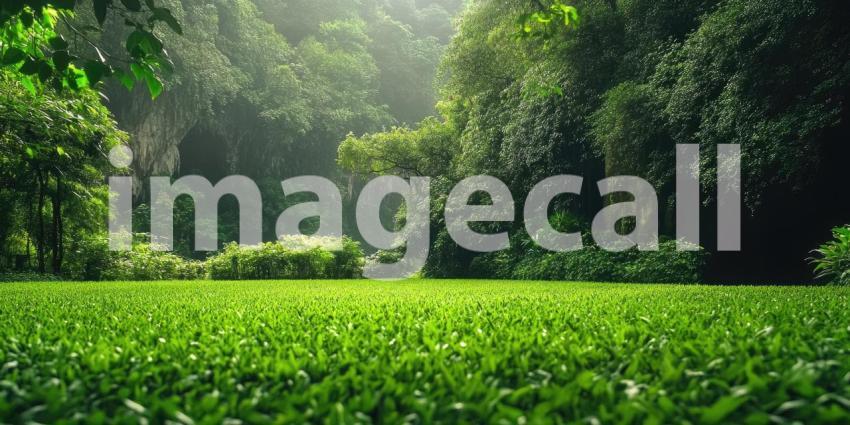 A Verdant Oasis: A sun-dappled meadow stretches towards a horizon framed by a canopy of lush green trees, inviting you to escape into a world of tranquility and natural beauty