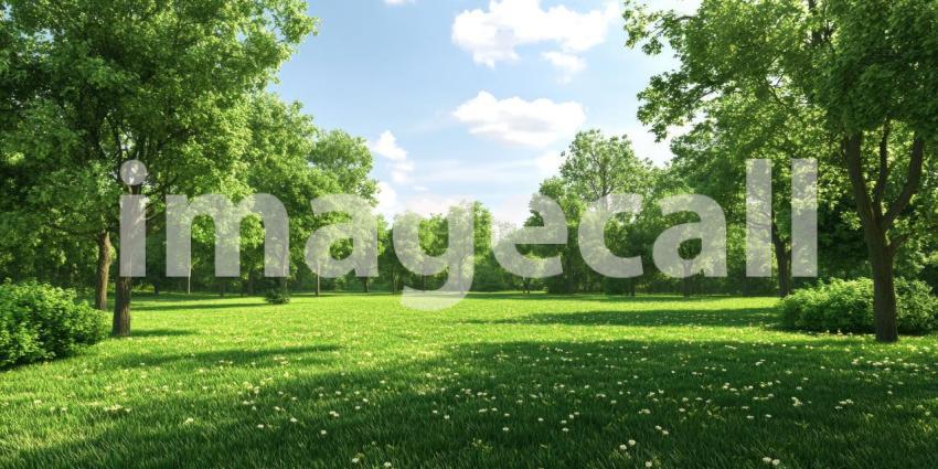 A Verdant Oasis: A sun-dappled meadow stretches towards a horizon framed by a canopy of lush green trees, inviting you to escape into a world of tranquility and natural beauty