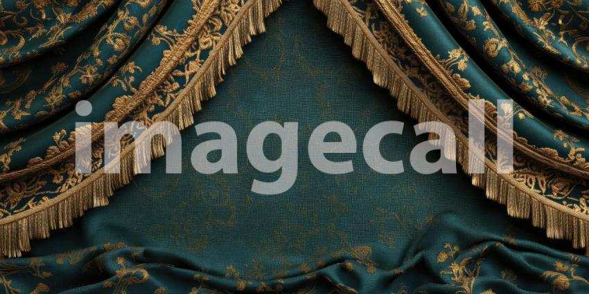 A Stage of Grandeur: Luxurious velvet curtains, adorned with golden accents, frame a grand stage, ready for the spotlight to shine