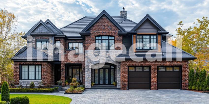 A Majestic Residence: A grand estate with elegant stonework, soaring windows, and manicured landscaping, commanding a presence on a picturesque property