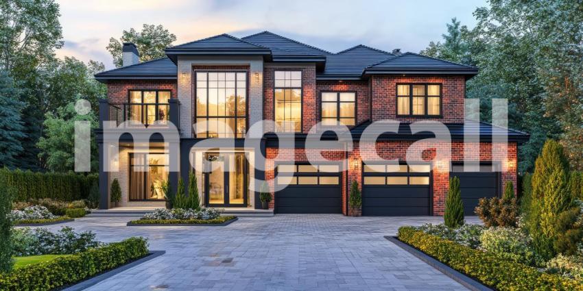 A Majestic Residence: A grand estate with elegant stonework, soaring windows, and manicured landscaping, commanding a presence on a picturesque property