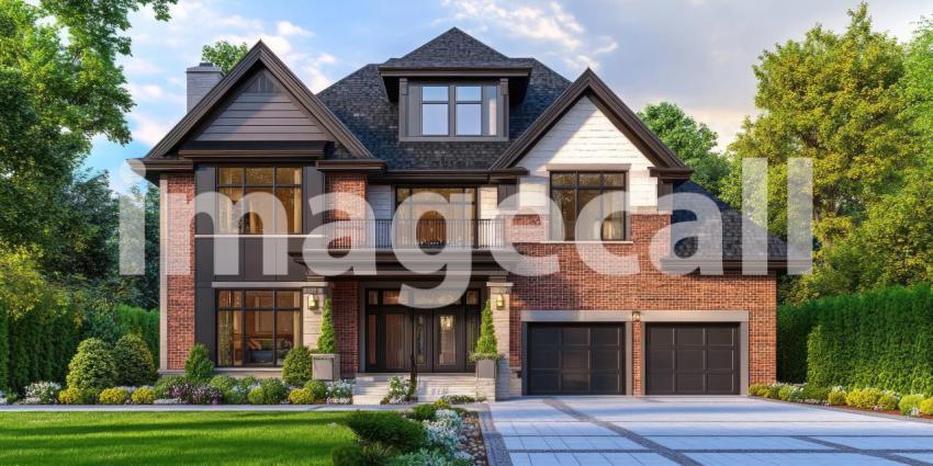 A Majestic Residence: A grand estate with elegant stonework, soaring windows, and manicured landscaping, commanding a presence on a picturesque property