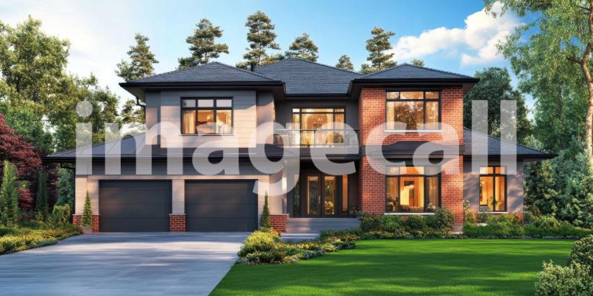 A Majestic Residence: A grand estate with elegant stonework, soaring windows, and manicured landscaping, commanding a presence on a picturesque property