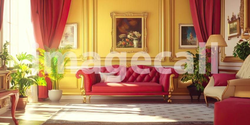 A Regal Retreat: Sunlight streams into a lavish living room, illuminating a plush red velvet sofa and ornate golden accents, creating an atmosphere of elegance and sophistication