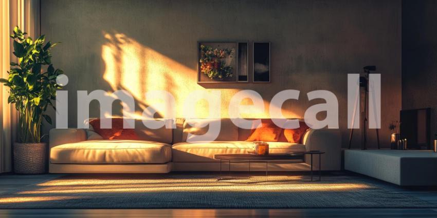 A Regal Retreat: Sunlight streams into a lavish living room, illuminating a plush red velvet sofa and ornate golden accents, creating an atmosphere of elegance and sophistication