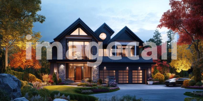 A Majestic Residence: A grand estate with elegant stonework, soaring windows, and manicured landscaping, commanding a presence on a picturesque property