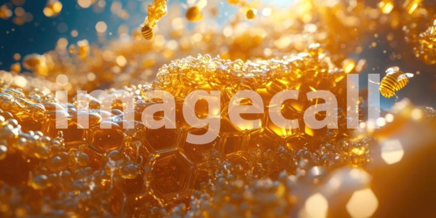 A Hive of Activity: Honey drips from a honeycomb, attracting a swarm of busy bees, creating a scene of industrious sweetness