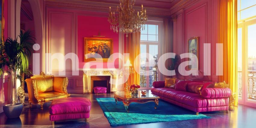 A Regal Retreat: Sunlight streams into a lavish living room, illuminating a plush red velvet sofa and ornate golden accents, creating an atmosphere of elegance and sophistication