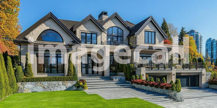 A Majestic Residence: A grand estate with elegant stonework, soaring windows, and manicured landscaping, commanding a presence on a picturesque property