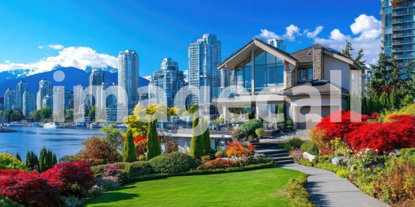 A Majestic Residence: A grand estate with elegant stonework, soaring windows, and manicured landscaping, commanding a presence on a picturesque property