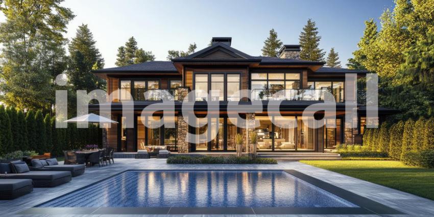 A Majestic Residence: A grand estate with elegant stonework, soaring windows, and manicured landscaping, commanding a presence on a picturesque property