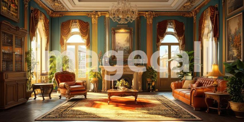 A Regal Retreat: Sunlight streams into a lavish living room, illuminating a plush red velvet sofa and ornate golden accents, creating an atmosphere of elegance and sophistication