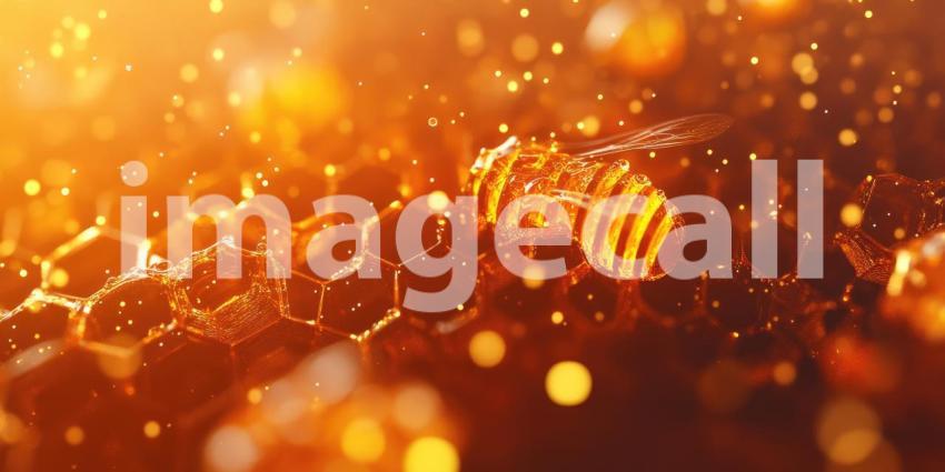 A Hive of Activity: Honey drips from a honeycomb, attracting a swarm of busy bees, creating a scene of industrious sweetness